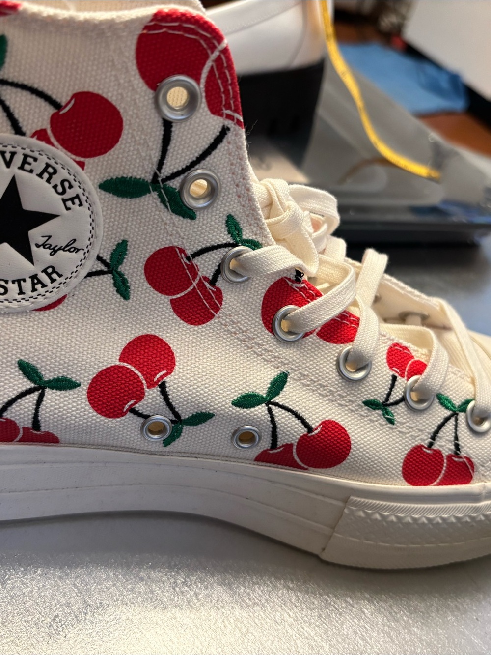Converse High Top Sneakers in White with Red Cherry Print - Picture 5 of 9